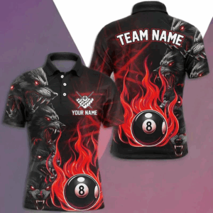 Personalized Wolf Flaming 8 Ball Pool Fire Men Billiard Shirts Team League Billiard Jerseys | Red TDM2616