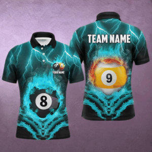 Billiard 8 Ball & 9 Ball Fire Lightning Men Polo & 1/4 Zip Shirts Custom Billiard Jersey |Turquoise TDM1644