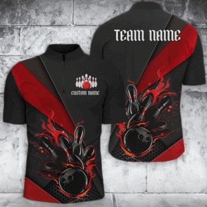 Black And Red Custom Name Bowling Tournament Jerseys For Men And Women, Bowling Team Shirts IPHW6185