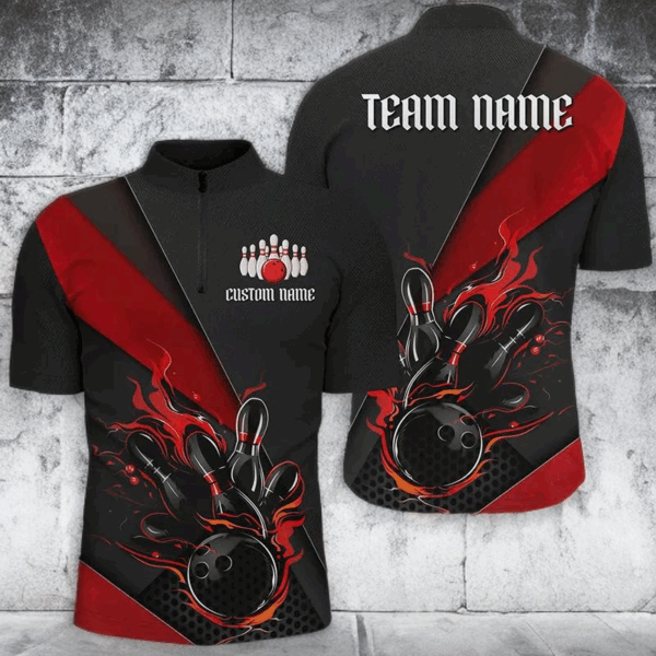 Black And Red Custom Name Bowling Tournament Jerseys For Men And Women, Bowling Team Shirts IPHW6185