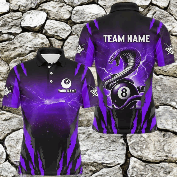 Personalized Thunder Lightning Cobra Snake Men Billiard Shirt, 8 Ball Billiard Team Jerseys |Purple TDM2749
