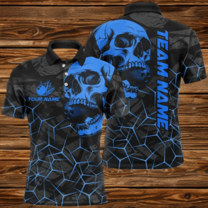 Black Skull camo bowling shirt for men custom bowling team jerseys, gifts for bowlers | Blue NQS8073