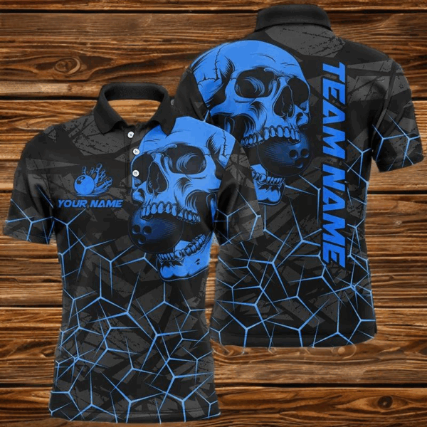 Black Skull camo bowling shirt for men custom bowling team jerseys, gifts for bowlers | Blue NQS8073