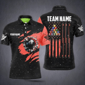 Customized Grunge American Flag 8 Ball Pool Men Billiard Polo Shirts, Pool Player Shirts |Red TDM1114