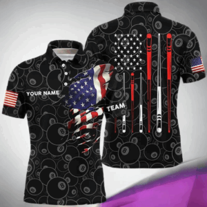 Personalized US Flag 8 Ball Billiard Polo Shirts For Men, Custom US Flag Sticks Billiard Shirts VHM0771