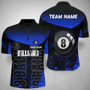 Personalized Blue Fire 8 Ball Pool Billiard Quarter-Zip Shirts For Men, Custom Billiard Team Shirts VHM0581