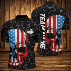 US Flag Skull Bowling Shirts For Men With Custom Name, Personalized Patriotic Bowling Jerseys IPHW5238