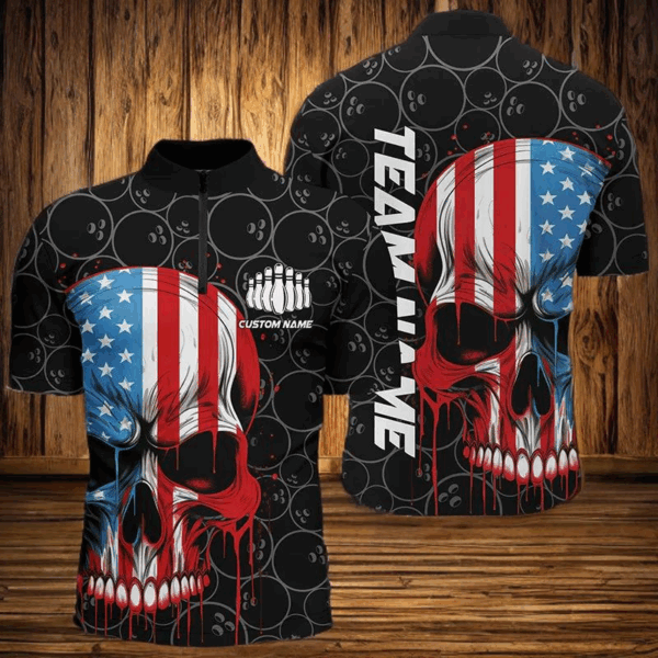 US Flag Skull Bowling Shirts For Men With Custom Name, Personalized Patriotic Bowling Jerseys IPHW5238