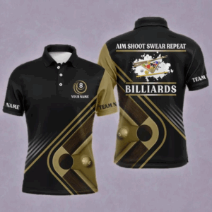 Billiards Aim Shoot Swear Repeat Custom Name Billiard Polo Shirts For Men, Mens Billiard Jerseys VHM0004