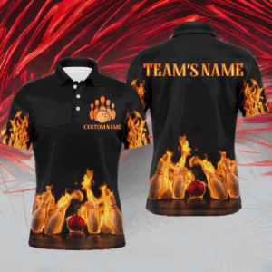 Custom Fire Bowling Shirt for Men, Flames Bowling Jersey with Name League Bowling Team Polo Shirt NBP174