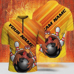 Yellow Custom Funny Turkey Bowling Shirts For Men, Thanksgiving Bowling Shirt Team Uniform IPHW7583