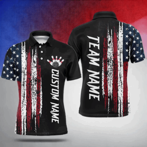 Custom American Flag Bowling Polo Shirts for Men & Women Patriotic Bowling Team Jersey BDT473