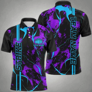 Custom Blue And Purple Strike Bowling Shirts Men Polo Camo Bowling Team Jerseys Bowling League IPHW5386