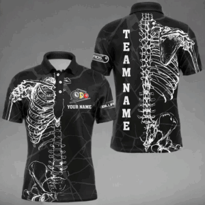 White Skeleton Custom Black Grunge Billiard Shirts For Men, Funny Billiard Jerseys Short Sleeve TDM2723