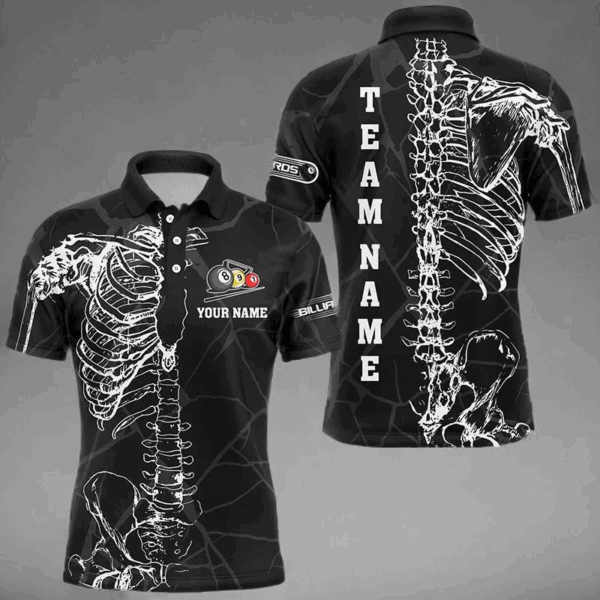 White Skeleton Custom Black Grunge Billiard Shirts For Men, Funny Billiard Jerseys Short Sleeve TDM2723