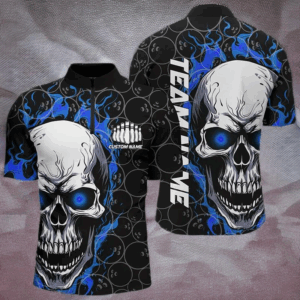 Blue And Black Custom Skull Flame Bowling Shirts For Men, Custom Bowling Team Uniform For Bowlers IPHW5103