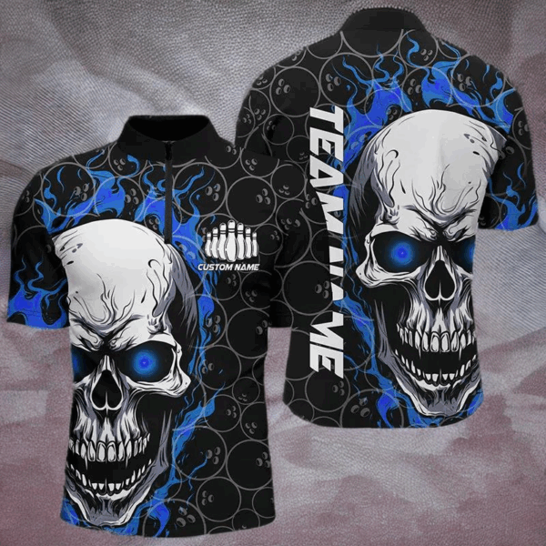 Blue And Black Custom Skull Flame Bowling Shirts For Men, Custom Bowling Team Uniform For Bowlers IPHW5103