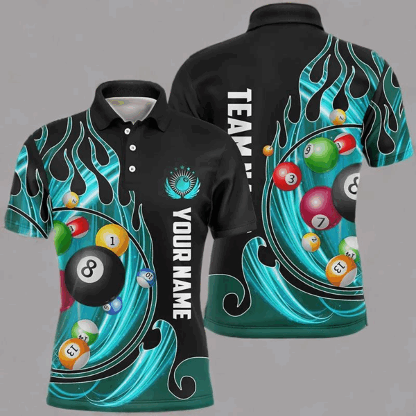3D Billiard Balls Fire Flame Custom Pool Shirts For Men, Billiard League Team Jerseys | Cyan TDM2720