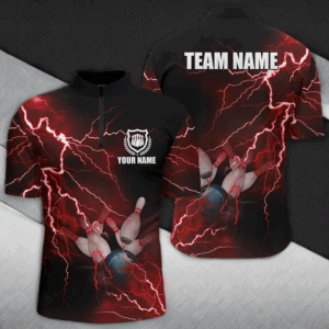 Men's bowling Quarter Zip shirts Custom red lightning thunder Bowling Team Jersey, gift for Bowlers NQS6145
