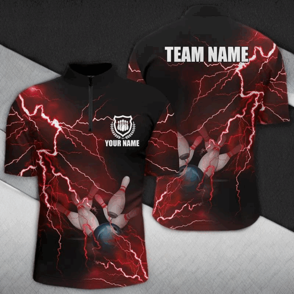 Men's bowling Quarter Zip shirts Custom red lightning thunder Bowling Team Jersey, gift for Bowlers NQS6145