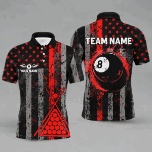 Custom Red Grunge US Flag Patriotic Billiard Shirts For Men, Retro 8 Ball Pool Billiard Team Jersey TDM2513