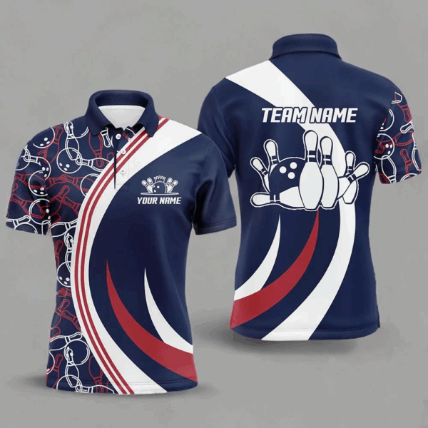Blue&Red Bowling Polo Shirt For Men Custom Bowling Jersey With Name Men's Bowling Team League Shirt BDT106