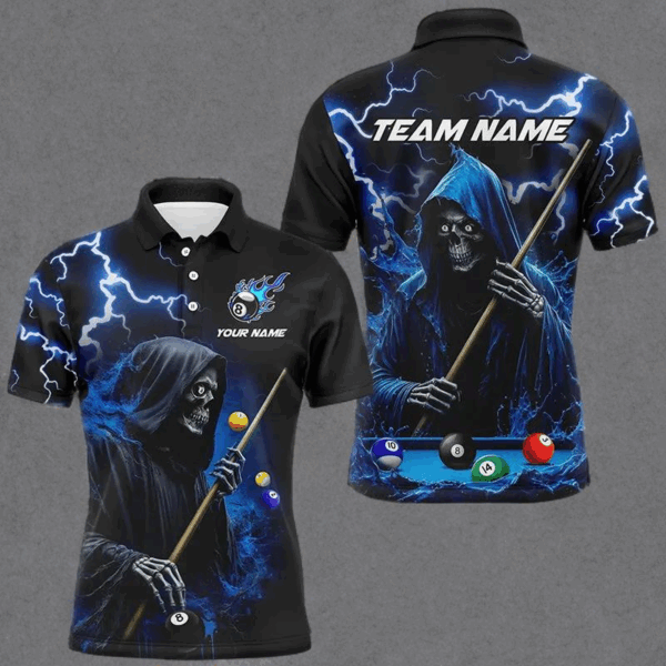 Blue Grim Reaper Billiard Shirts For Men Custom Thunder Lightning Team League Billiard Jerseys TDM2198