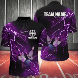 Men's bowling Quarter Zip shirts Custom purple lightning thunder Bowling Team Jersey, gift for Bowlers NQS6220