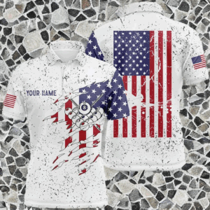 Personalized Billiard Balls US Flag White Grunge Polo Shirts For Men, Custom Billiard Pool Shirts VHM0065