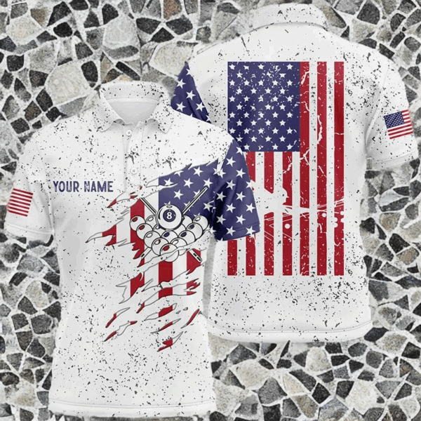 Personalized Billiard Balls US Flag White Grunge Polo Shirts For Men, Custom Billiard Pool Shirts VHM0065
