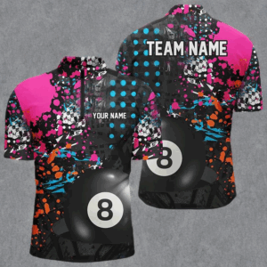 Personalized 3D 8 Ball Pool Grunge Colorful Men Quarter-Zip Shirts, Billiards Pool Shirts TDM1004