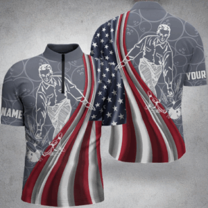 Patriotic Men's Bowling Shirt Quarter-Zip, American Flag Custom Name Bowlers Jersey Short Sleeve NBZ97