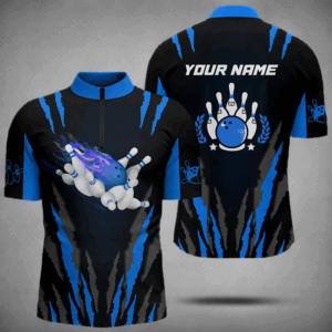 Bowling Quarter Zip shirts for men custom name Flame Bowling Ball and Pins bowling jerseys | Blue NQS4542