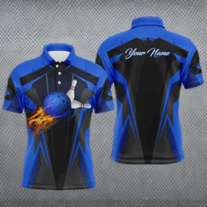 Personalized Men Bowling Polo Shirt Flame Bowling Ball and Pins, bowling polo for men bowlers | Blue NQS4527