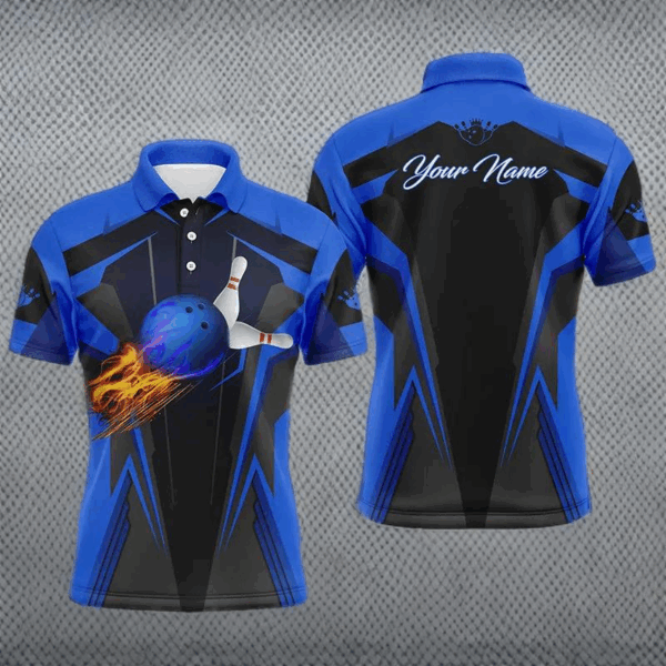 Personalized Men Bowling Polo Shirt Flame Bowling Ball and Pins, bowling polo for men bowlers | Blue NQS4527
