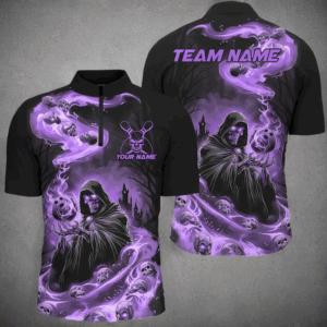 Black And Purple Grim Reaper Custom Halloween Bowling Team Shirts For Men, Bowling Gifts IPHW7613