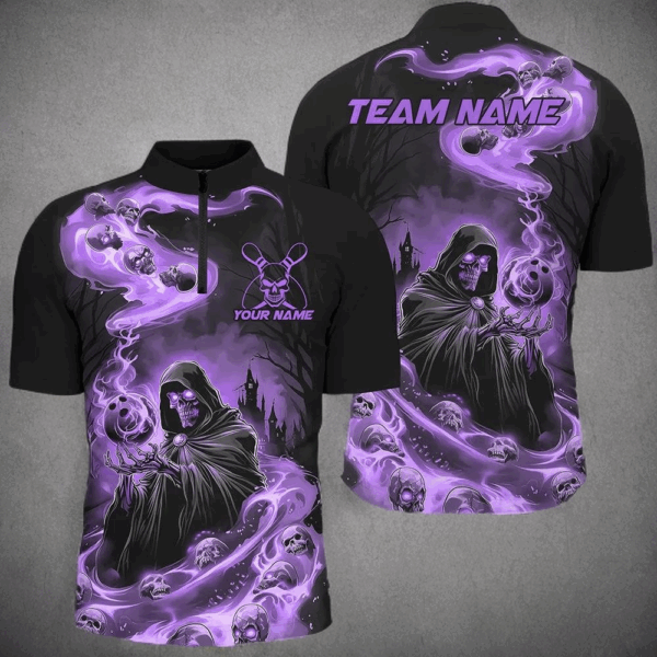 Black And Purple Grim Reaper Custom Halloween Bowling Team Shirts For Men, Bowling Gifts IPHW7613