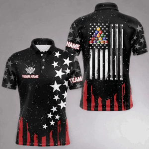 Black Grunge American Flag Billiard Shirt For Men Custom Patriotic Billiard Pool Jersey TDM3824