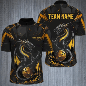 Custom Black And Gold Dragon Bowling Shirts For Men, Dragon Bowling Team Shirts Uniform IPHW7312