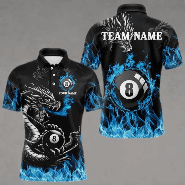 Personalized Blue Flaming Dragon 8 Ball Billiard Shirts For Men Custom Team League Billiard Jerseys TDM3471