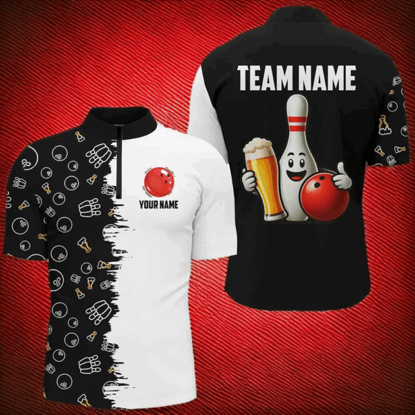 Custom Beer Bowling Shirt Funny Bowling Team League 1/4 Zip Bowling Shirt for Men QZT403