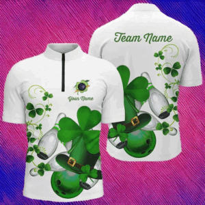 Green shamrock lucky Men bowling Quarter Zip shirt Custom St Patrick Day team league bowling jersey NQS7060
