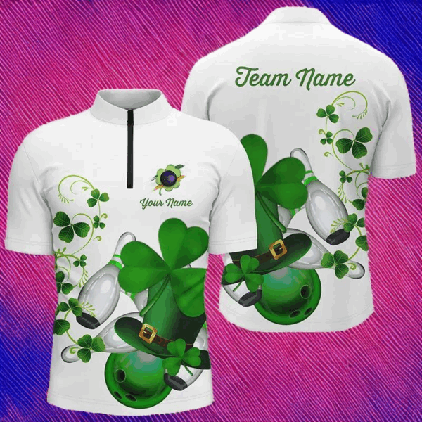 Green shamrock lucky Men bowling Quarter Zip shirt Custom St Patrick Day team league bowling jersey NQS7060