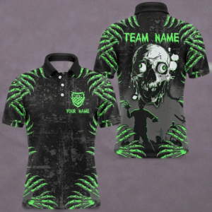 Funny Skull Claw Pattern Custom Men Billiard Shirts, Grunge Green Black Cool Billiard Jerseys TDM3203