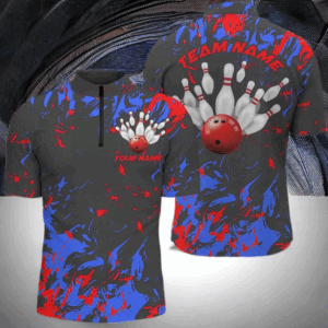 Blue And Red Camo Bowling Team Shirts Custom Men Quarter Zip Shirts Bowling League Shirts IPHW5363