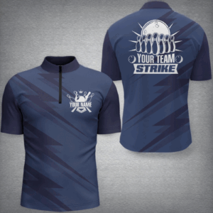 Custom Bowling Quarter-Zip Shirt For Men Blue Bowling Team League Jersey Strike Bowling Shirt BDT246