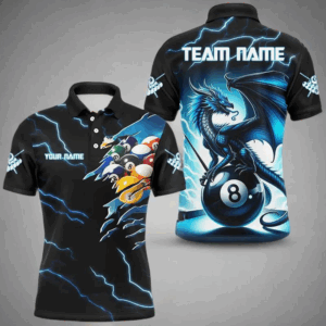 Blue Lightning Thunder Custom 3D Dragon 8 Ball Billiard Shirts, Men Billiard League Team Jerseys TDM2744