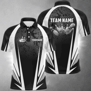 Men's Bowling short sleeve polo Custom bowling ball and pins black and white team Men Bowlers Jerseys NQS5873