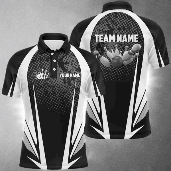 Men's Bowling short sleeve polo Custom bowling ball and pins black and white team Men Bowlers Jerseys NQS5873