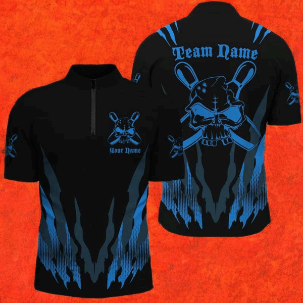 Custom Bowling Shirts For Men And Women, Skull Bowling Team Shirts Bowling Pin | Blue IPHW4483